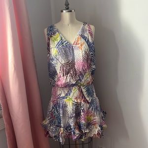 NWT Ramy Brook Multicolored Palm Tropical Metallic Dropwaist Mini Dress Medium